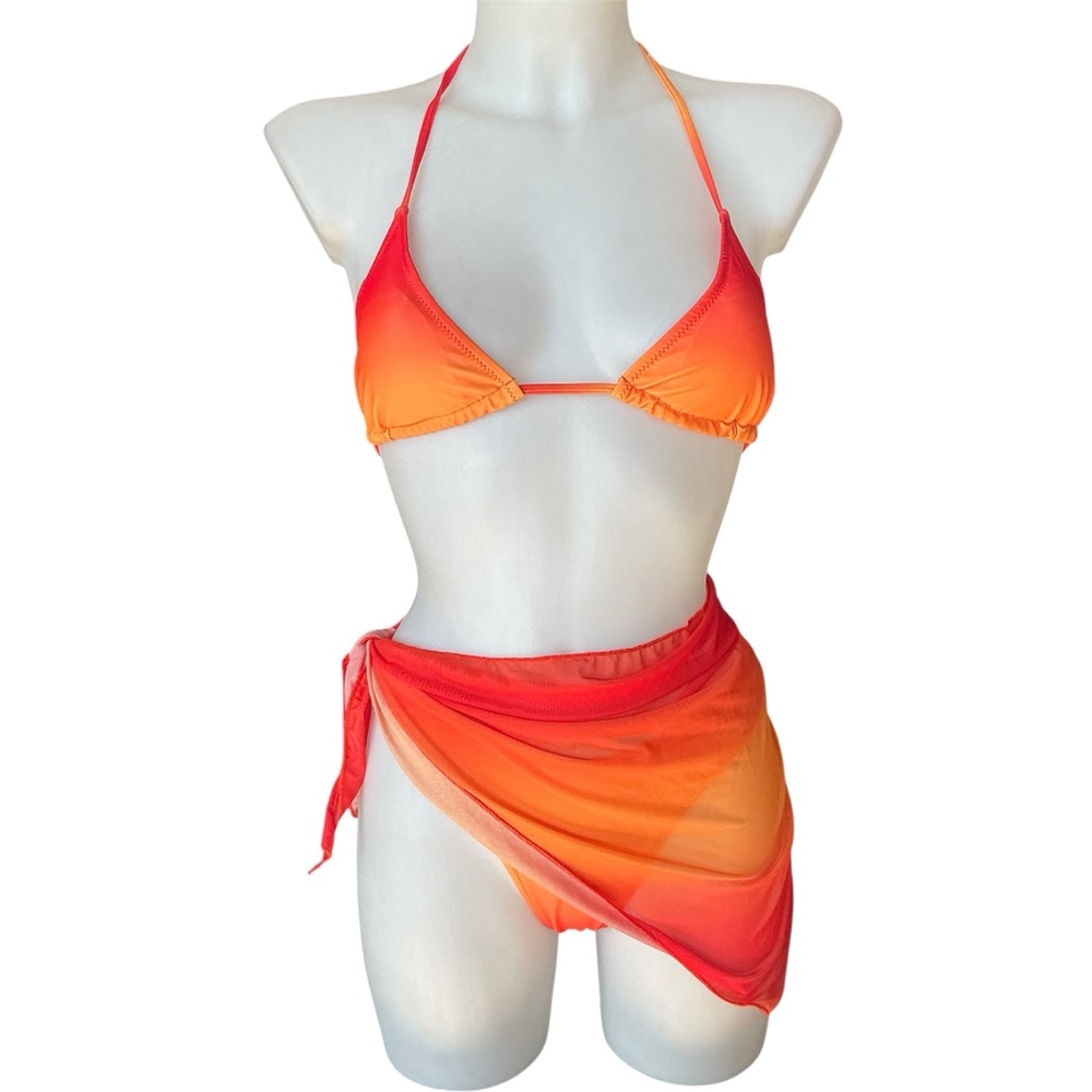 Vintage 80’s Three Piece Matching Orange Ombré Bikini & Sarong Set Size Small